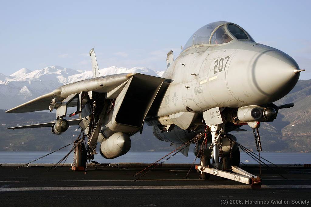 68 CVN71060222 F-14D 161166 AJ-207 DK 02 F-14D 161166/AJ-207 of VFA-213 with Crete's White Mountains range in the background - USS Theodore Roosevelt, 22 February 2006 (C) Didier Kories